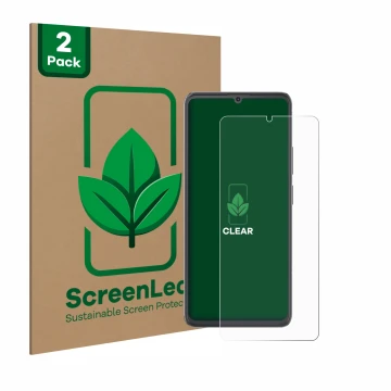 Vorderseite einer Produktverpackung mit dem Markenlogo ScreenLeaf. Daneben ist das Gerät Cubot A20 mit dem zugehörigen Display