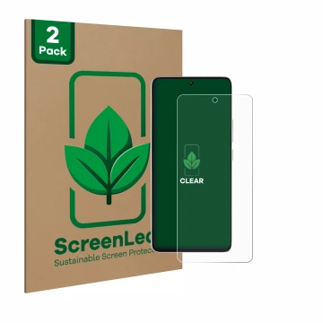 Vorderseite einer Produktverpackung mit dem Markenlogo ScreenLeaf. Daneben ist das Gerät Xiaomi Poco M7 Pro mit dem zugehörige