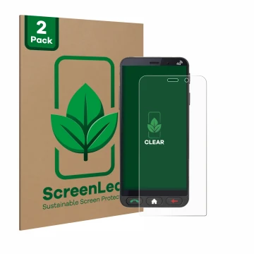 Vorderseite einer Produktverpackung mit dem Markenlogo ScreenLeaf. Daneben ist das Gerät Brondi Amico Vero 4G mit dem zugehöri