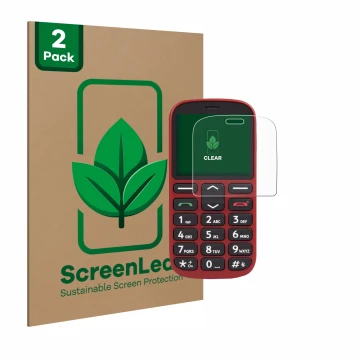 Vorderseite einer Produktverpackung mit dem Markenlogo ScreenLeaf. Daneben ist das Gerät Doro 1360 mit dem zugehörigen Display