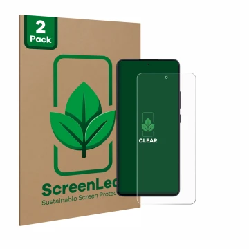 Vorderseite einer Produktverpackung mit dem Markenlogo ScreenLeaf. Daneben ist das Gerät Oppo Reno 13 F mit dem zugehörigen Di