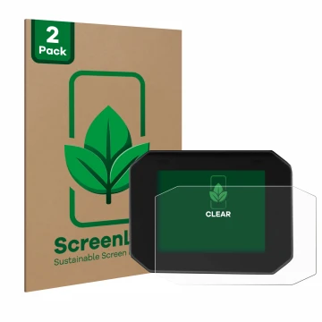 Vorderseite einer Produktverpackung mit dem Markenlogo ScreenLeaf. Daneben ist das Gerät Moto Guzzi Stelvio 2024 mit dem zugeh