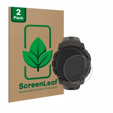 Vorderseite einer Produktverpackung mit dem Markenlogo ScreenLeaf. Daneben ist das Gerät Garmin Instinct E (40 mm) mit dem zug