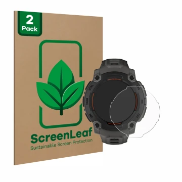 Vorderseite einer Produktverpackung mit dem Markenlogo ScreenLeaf. Daneben ist das Gerät Garmin Instinct E (45 mm) mit dem zug