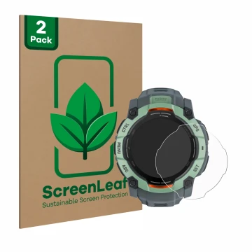 Vorderseite einer Produktverpackung mit dem Markenlogo ScreenLeaf. Daneben ist das Gerät Garmin Instinct 3 AMOLED (50 mm) mit 