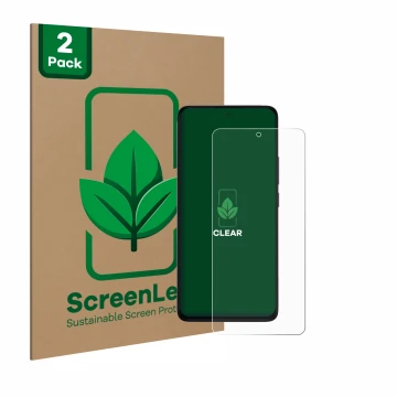 Vorderseite einer Produktverpackung mit dem Markenlogo ScreenLeaf. Daneben ist das Gerät Xiaomi Redmi Note 14 4G mit dem zugeh
