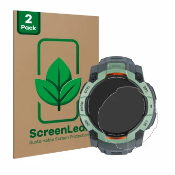 Vorderseite einer Produktverpackung mit dem Markenlogo ScreenLeaf. Daneben ist das Gerät Garmin Instinct 3 AMOLED (45 mm) mit 