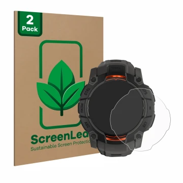 Vorderseite einer Produktverpackung mit dem Markenlogo ScreenLeaf. Daneben ist das Gerät Garmin Instinct 3 Solar (45 mm) mit d