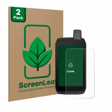 Vorderseite einer Produktverpackung mit dem Markenlogo ScreenLeaf. Daneben ist das Gerät Garmin Montana 710 mit dem zugehörige