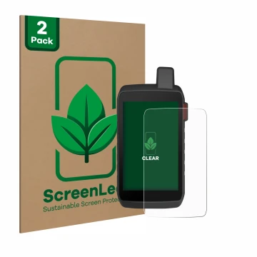 Vorderseite einer Produktverpackung mit dem Markenlogo ScreenLeaf. Daneben ist das Gerät Garmin Montana 760i mit dem zugehörig
