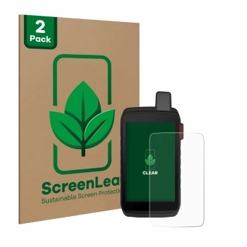 Vorderseite einer Produktverpackung mit dem Markenlogo ScreenLeaf. Daneben ist das Gerät Garmin Montana 710i mit dem zugehörig