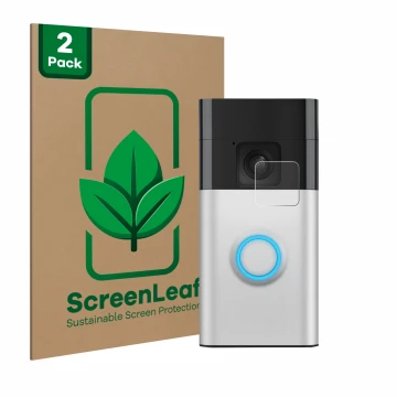 Vorderseite einer Produktverpackung mit dem Markenlogo ScreenLeaf. Daneben ist das Gerät Ring Battery Video Doorbell mit dem z
