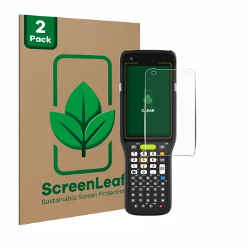 Vorderseite einer Produktverpackung mit dem Markenlogo ScreenLeaf. Daneben ist das Gerät Zebra MC3400 mit dem zugehörigen Disp