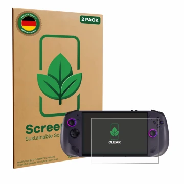 Vorderseite einer Produktverpackung mit dem Markenlogo ScreenLeaf. Daneben ist das Gerät Lenovo Legion Go S mit dem zugehörige
