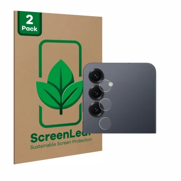Vorderseite einer Produktverpackung mit dem Markenlogo ScreenLeaf. Daneben ist das Gerät Samsung Galaxy S25 (NUR Kameraschutz)