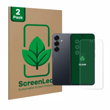 Vorderseite einer Produktverpackung mit dem Markenlogo ScreenLeaf. Daneben ist das Gerät Samsung Galaxy S25 (Display+Kamera) m