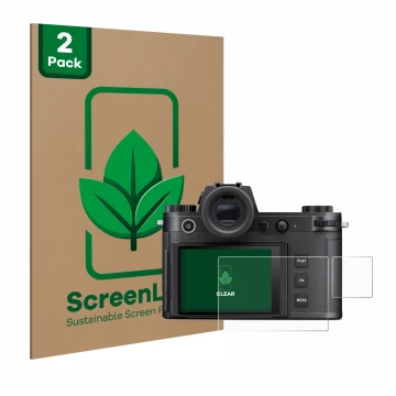 Vorderseite einer Produktverpackung mit dem Markenlogo ScreenLeaf. Daneben ist das Gerät Leica SL3-S (Display + Schulterdispla