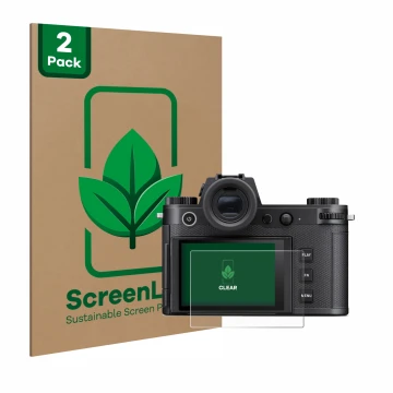 Vorderseite einer Produktverpackung mit dem Markenlogo ScreenLeaf. Daneben ist das Gerät Leica SL3-S mit dem zugehörigen Displ