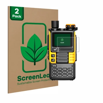 Vorderseite einer Produktverpackung mit dem Markenlogo ScreenLeaf. Daneben ist das Gerät Quansheng UV-K5 (99) mit dem zugehöri