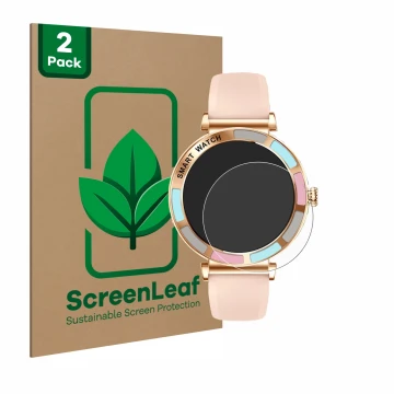 Vorderseite einer Produktverpackung mit dem Markenlogo ScreenLeaf. Daneben ist das Gerät Braidol Smartwatch 1.27