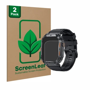 Vorderseite einer Produktverpackung mit dem Markenlogo ScreenLeaf. Daneben ist das Gerät bedee Smartwatch 1.96