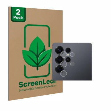 Vorderseite einer Produktverpackung mit dem Markenlogo ScreenLeaf. Daneben ist das Gerät Samsung Galaxy S25 Ultra (NUR Kameras