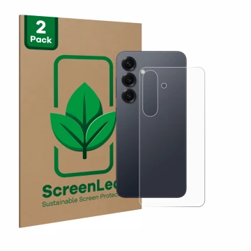 Vorderseite einer Produktverpackung mit dem Markenlogo ScreenLeaf. Daneben ist das Gerät Samsung Galaxy S25 (Rückseite) mit de
