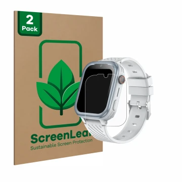 Vorderseite einer Produktverpackung mit dem Markenlogo ScreenLeaf. Daneben ist das Gerät DDIOYIUR Smartwatch mit dem zugehörig