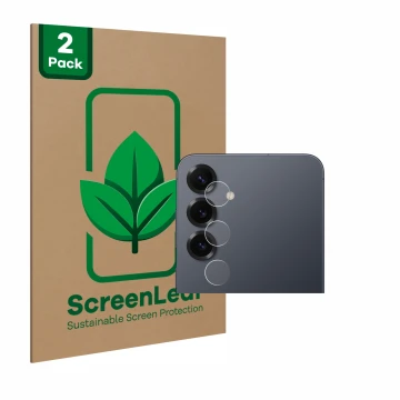 Vorderseite einer Produktverpackung mit dem Markenlogo ScreenLeaf. Daneben ist das Gerät Samsung Galaxy S25 Plus (NUR Kamerasc