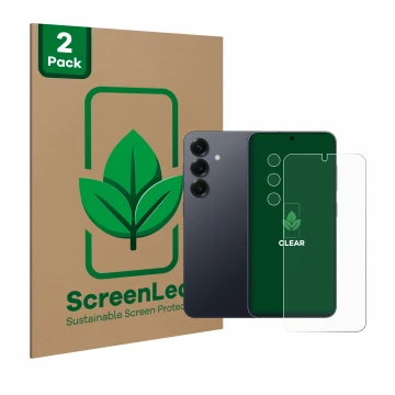 Vorderseite einer Produktverpackung mit dem Markenlogo ScreenLeaf. Daneben ist das Gerät Samsung Galaxy S25 Plus (Display+Kame