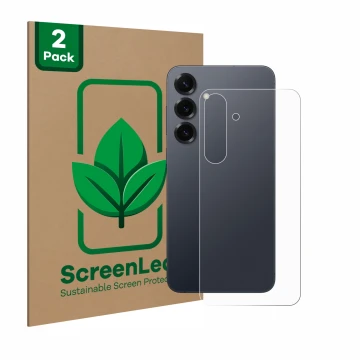 Vorderseite einer Produktverpackung mit dem Markenlogo ScreenLeaf. Daneben ist das Gerät Samsung Galaxy S25 Plus (Rückseite) m