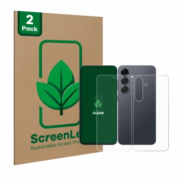 Vorderseite einer Produktverpackung mit dem Markenlogo ScreenLeaf. Daneben ist das Gerät Samsung Galaxy S25 Plus (Display+Rück