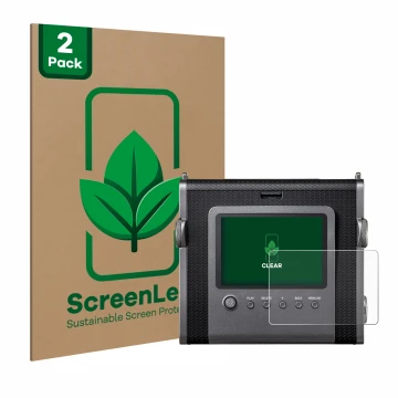 Vorderseite einer Produktverpackung mit dem Markenlogo ScreenLeaf. Daneben ist das Gerät Fujifilm Instax Wide Evo mit dem zuge