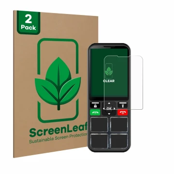 Vorderseite einer Produktverpackung mit dem Markenlogo ScreenLeaf. Daneben ist das Gerät Geemarc CL8000 mit dem zugehörigen Di