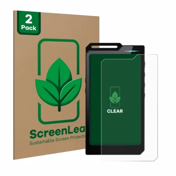 Vorderseite einer Produktverpackung mit dem Markenlogo ScreenLeaf. Daneben ist das Gerät Hiby R4 mit dem zugehörigen Displaysc