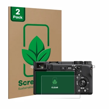 Vorderseite einer Produktverpackung mit dem Markenlogo ScreenLeaf. Daneben ist das Gerät Sony Alpha 6100A mit dem zugehörigen 