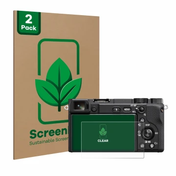 Vorderseite einer Produktverpackung mit dem Markenlogo ScreenLeaf. Daneben ist das Gerät Sony Alpha 6400A mit dem zugehörigen 