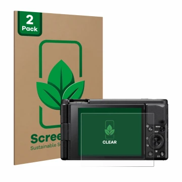 Vorderseite einer Produktverpackung mit dem Markenlogo ScreenLeaf. Daneben ist das Gerät Sony ZV-1A mit dem zugehörigen Displa