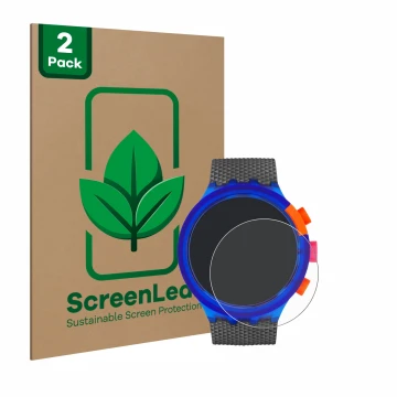 Vorderseite einer Produktverpackung mit dem Markenlogo ScreenLeaf. Daneben ist das Gerät Swatch Neon Party mit dem zugehörigen