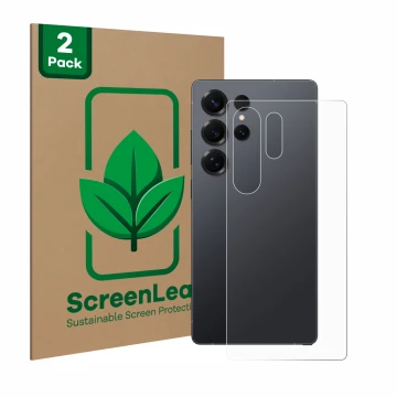 Vorderseite einer Produktverpackung mit dem Markenlogo ScreenLeaf. Daneben ist das Gerät Samsung Galaxy S25 Ultra Enterprise E