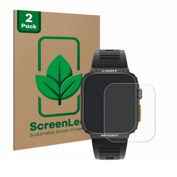 Vorderseite einer Produktverpackung mit dem Markenlogo ScreenLeaf. Daneben ist das Gerät Bekomiya Smartwatch 1.91