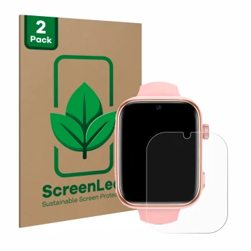 Vorderseite einer Produktverpackung mit dem Markenlogo ScreenLeaf. Daneben ist das Gerät Banlvs Kids Smartwatch 1.83