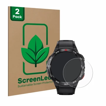 Vorderseite einer Produktverpackung mit dem Markenlogo ScreenLeaf. Daneben ist das Gerät Xiaomi Mibro GS Pro mit dem zugehörig
