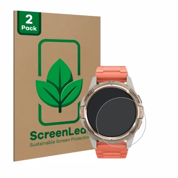 Vorderseite einer Produktverpackung mit dem Markenlogo ScreenLeaf. Daneben ist das Gerät Xiaomi Mibro GS Active mit dem zugehö
