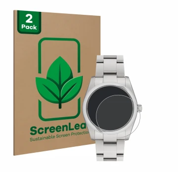 Vorderseite einer Produktverpackung mit dem Markenlogo ScreenLeaf. Daneben ist das Gerät Rolex Oyster Perpetual 34 mit dem zug