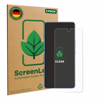 Vorderseite einer Produktverpackung mit dem Markenlogo ScreenLeaf. Daneben ist das Gerät Vivo V50 mit dem zugehörigen Displays