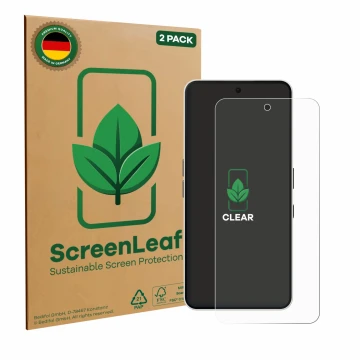 Vorderseite einer Produktverpackung mit dem Markenlogo ScreenLeaf. Daneben ist das Gerät Nothing Phone (3a) mit dem zugehörige