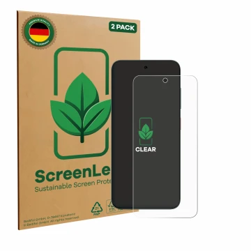 Vorderseite einer Produktverpackung mit dem Markenlogo ScreenLeaf. Daneben ist das Gerät ZTE Blade V70 mit dem zugehörigen Dis