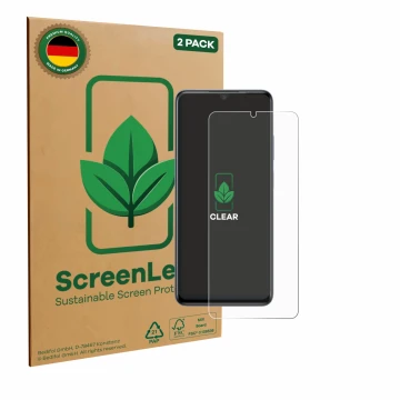 Vorderseite einer Produktverpackung mit dem Markenlogo ScreenLeaf. Daneben ist das Gerät ZTE Blade V70 Max mit dem zugehörigen