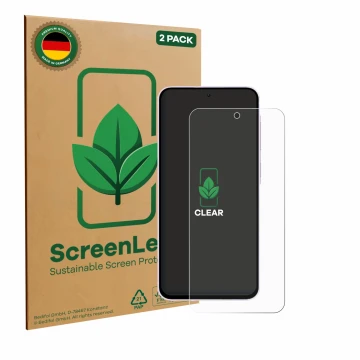 Vorderseite einer Produktverpackung mit dem Markenlogo ScreenLeaf. Daneben ist das Gerät Samsung Galaxy A56 5G mit dem zugehör